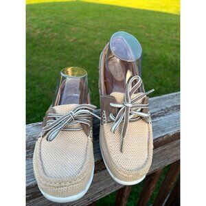 Clarks Cliffrose Sail Slip On Boat Shoes size 7.5 Brown Leather Cream Fabric